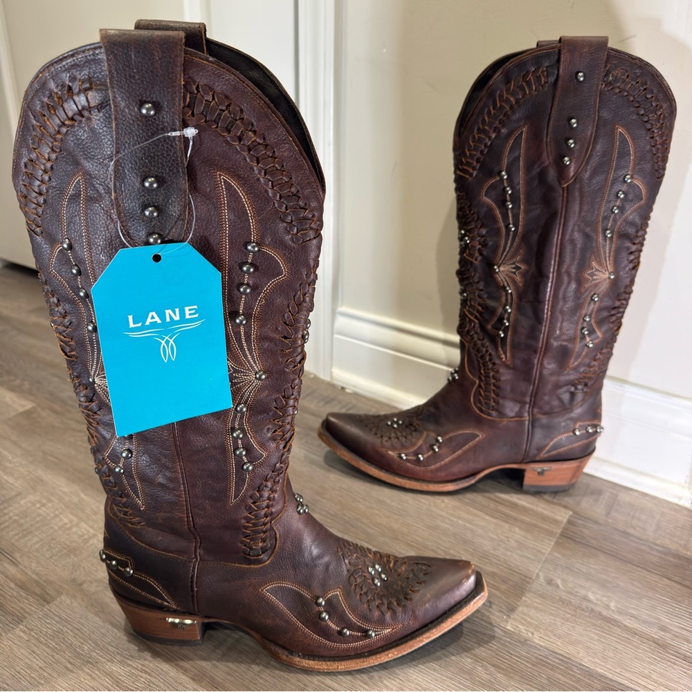 Lane Cosette Studded Braided Brown Leather Western Cowboy Boots LB0469